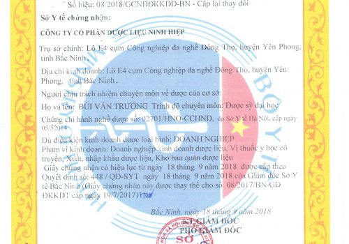 Dược liệu Ninh Hiệp nhận giấy chứng nhận đủ điều kiện kinh doanh dược